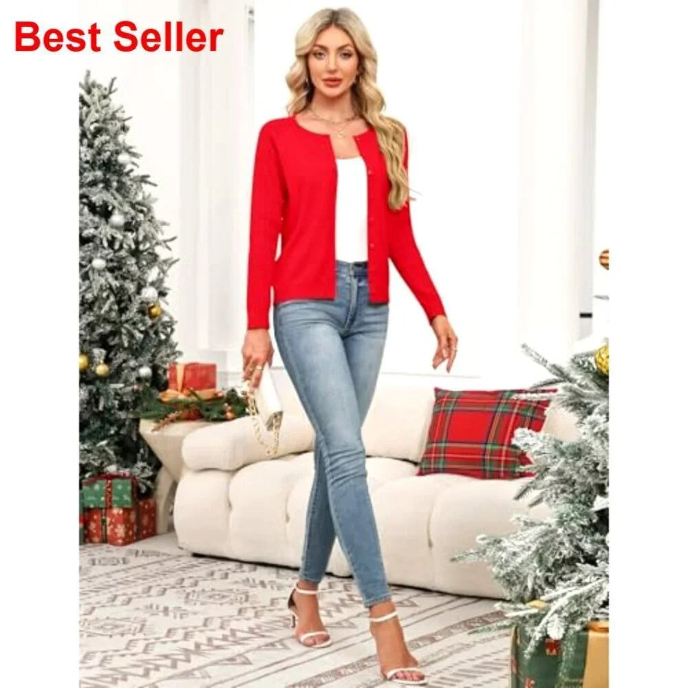 Button Up Cardigan Sweater Textured Sleeves Crew Neck Spring Summer